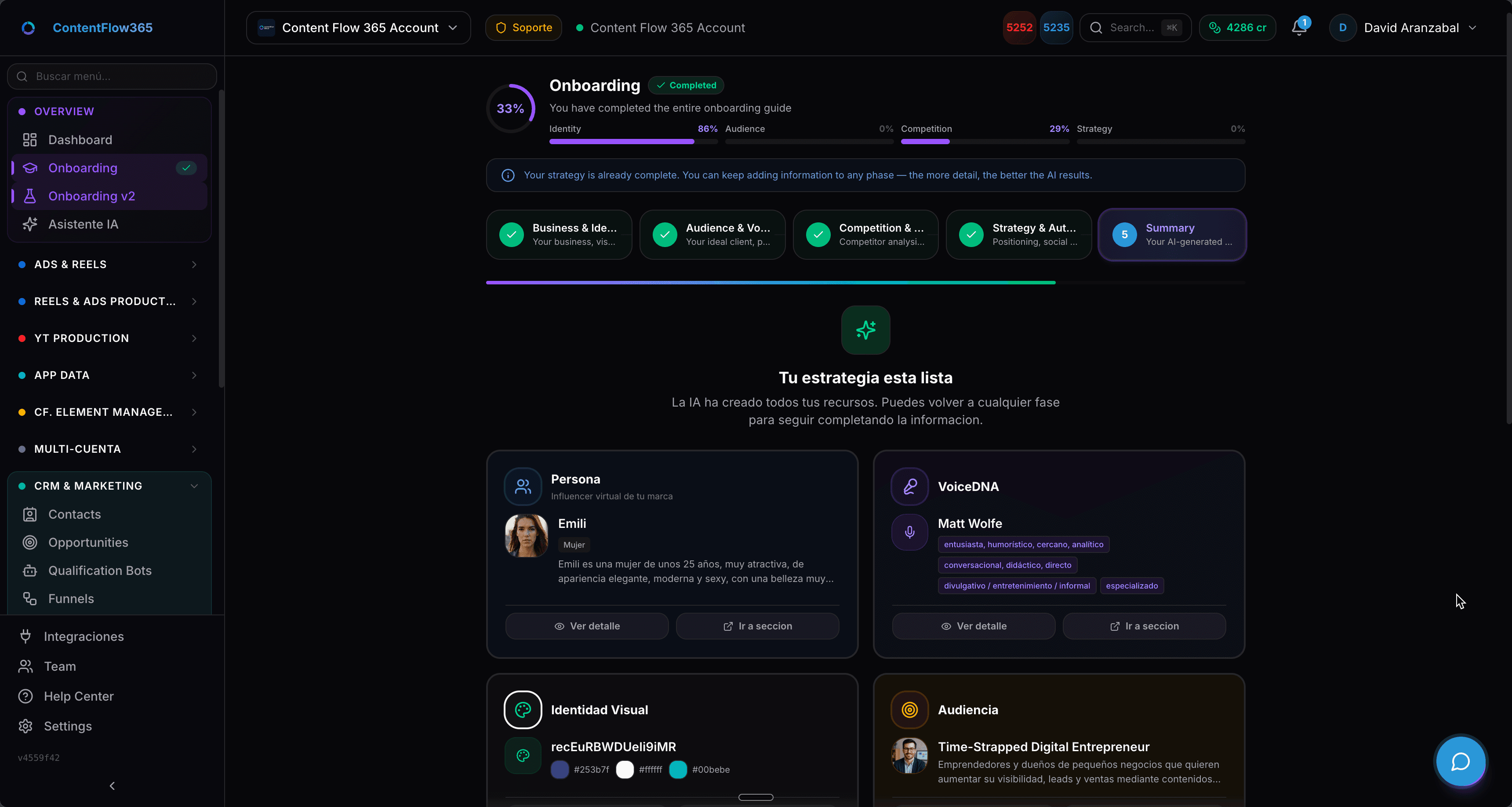 ContentFlow365 onboarding completed with Persona, VoiceDNA, Visual Identity and Audience cards