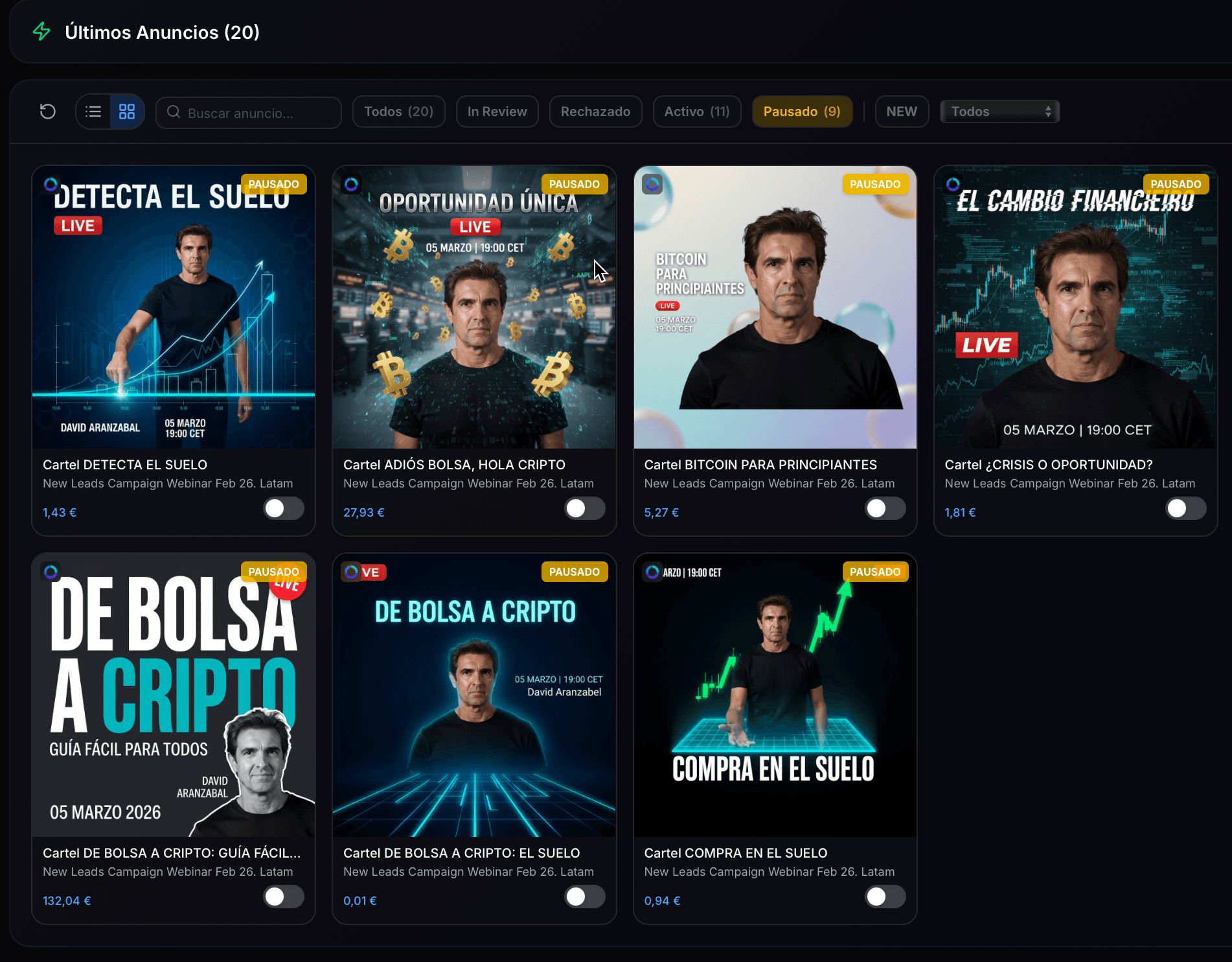 Galeria de anuncios — todos tus ads con métricas y estado en un solo sitio